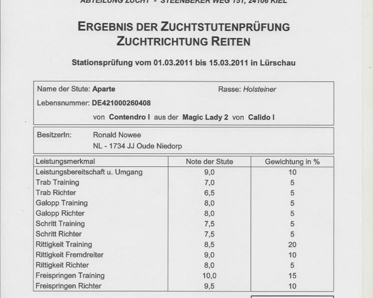 Zuchtstute Aparte (Holsteiner, 2008, von Contendro I)